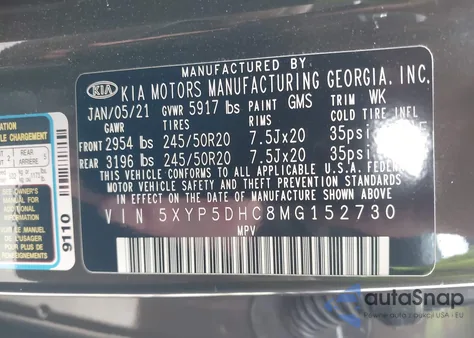 2021 Kia Telluride Sx z USA, uszkodzony, nr VIN 5XYP5DHC8MG152730